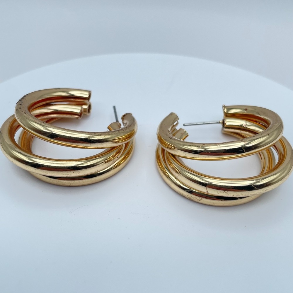 Vintage 90s Gold Tone Multi-Hoop C-Shaped Earrings Chunky Fashion Jewelry Boho